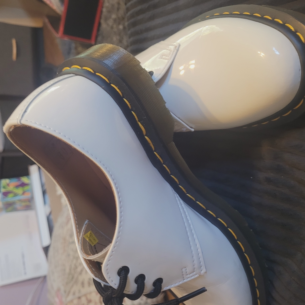 Dr. Martens White Leather Shoes with Black and Yellow Accents